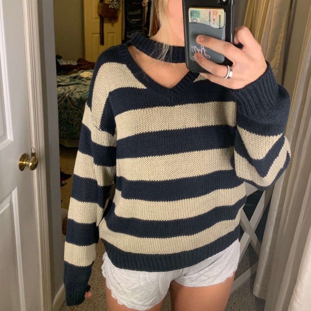 Tan & navy blue sweater with neck cutout